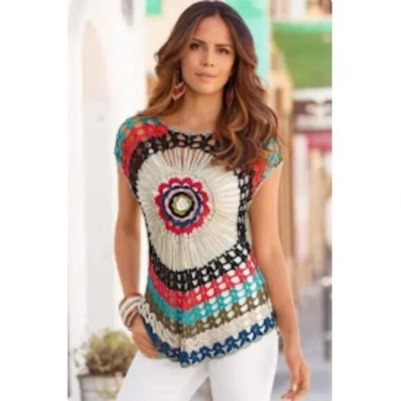 NWOT Boston Proper Multi-color Crochet Medallion Short-Sleeves Sweater - Picture 2 of 6